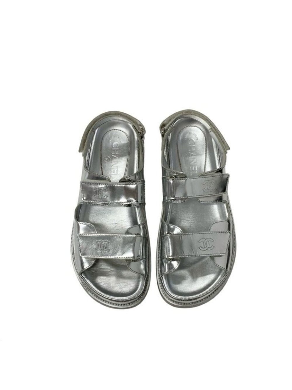 Chanel Sandals Shoes Leather Silver Coco Mark Velcro - Picture 2 of 10